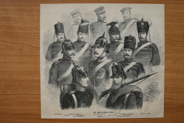 Holzstich Preussische Armee Krieg 1866 Preussen Österreich Garde Husar Ulan Jäger Kürassier Pickelhaube Uniformen Mützen